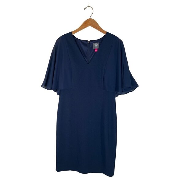 Vince Camuto Womens Size 8 Navy Shealth Dress Sheer Angel Flutter Sleeves Lined - Picture 1 of 14